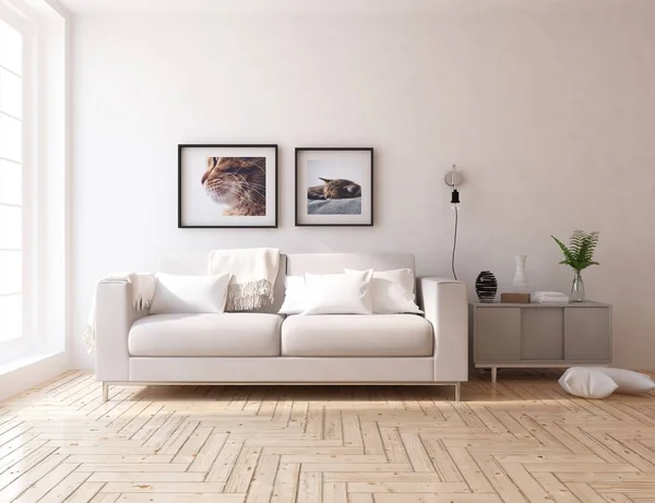 Představa Skandinávského Obývacího Pokoje Pohovkou Dřevěné Podlaze Výzdobě Domácí Severský — Stock fotografie
