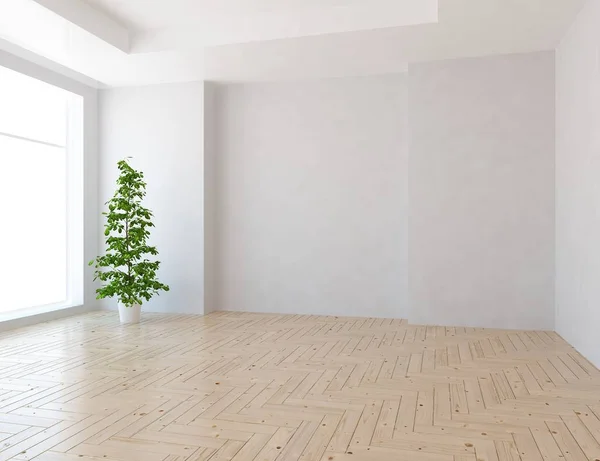 Idea of empty scandinavian room interior with vases on the wooden floor and large wall. Background interior. Home nordic interior. 3D illustration