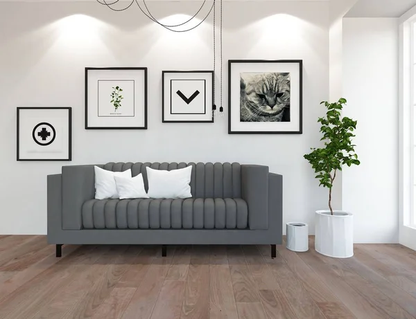 Idea Una Sala Estar Escandinava Blanca Interior Con Sofá Plantas — Foto de Stock