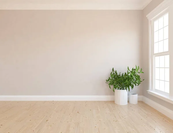 Idea of a white empty scandinavian room interior with plant  on the wooden floor and large wall and white landscape. Background interior. Home nordic interior. 3D illustration