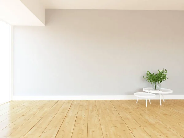 Idea of a white empty scandinavian room interior with plants on the table and large wall . Background interior. Home nordic interior. 3D illustration