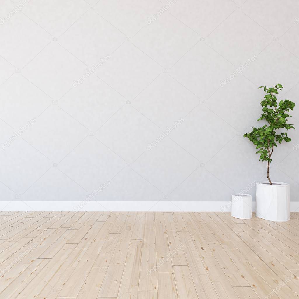 Idea of empty scandinavian room interior with vases on the wooden floor and large wall. Background interior. Home nordic interior. 3D illustration