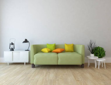 Ahşap zemin ve dekor, kanepe ile İskandinav oturma odası iç fikir. Ev Nordic iç. 3D çizim