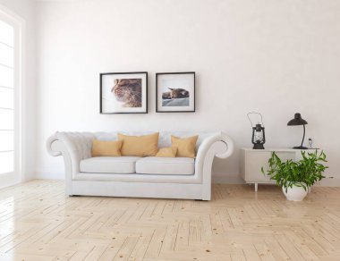 Ahşap zemin ve dekor, kanepe ile İskandinav oturma odası iç fikir. Ev Nordic iç. 3D çizim