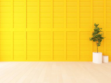 Ahşap zemin ve büyük duvar üzerinde vazolar ile boş İskandinav oda iç fikri. Arka plan iç. Ev nordik iç. 3d illüstrasyon