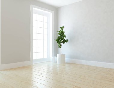 Ahşap zemin ve büyük duvar üzerinde vazolar ile boş İskandinav oda iç fikri. Arka plan iç. Ev nordik iç. 3d illüstrasyon