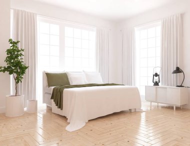 İskandinav yatak odası iç fikri. İskandinav ev iç. 3d illüstrasyon - İllüstrasyon