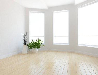 Ahşap zemin ve büyük duvar üzerinde vazolar ile boş İskandinav oda iç fikri. Arka plan iç. Ev nordik iç. 3d illüstrasyon