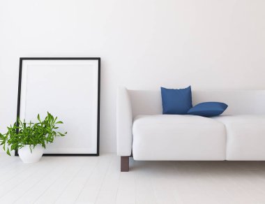 Ahşap zemin ve dekor, kanepe ile İskandinav oturma odası iç fikir. Ev Nordic iç. 3D çizim