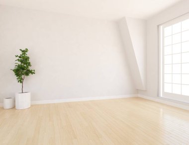 Ahşap zemin ve büyük duvar üzerinde vazolar ile boş İskandinav oda iç fikri. Arka plan iç. Ev nordik iç. 3d illüstrasyon