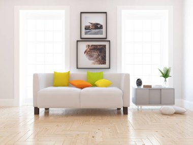 Ahşap zemin ve dekor, kanepe ile İskandinav oturma odası iç fikir. Ev Nordic iç. 3D çizim