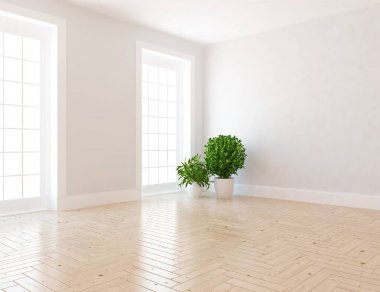 Ahşap zemin ve büyük duvar üzerinde vazolar ile boş İskandinav oda iç fikri. Arka plan iç. Ev nordik iç. 3d illüstrasyon