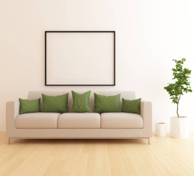 Ahşap zemin ve dekor, kanepe ile İskandinav oturma odası iç fikir. Ev Nordic iç. 3D çizim