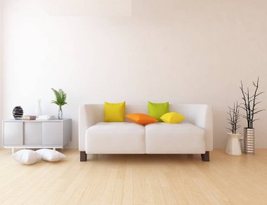 Ahşap zemin ve dekor, kanepe ile İskandinav oturma odası iç fikir. Ev Nordic iç. 3D çizim