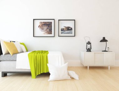 İskandinav yatak odası iç fikri. İskandinav ev iç. 3d illüstrasyon - İllüstrasyon