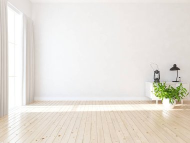 İçi boş İskandinav odası fikri. Arkaplan iç mimarisi. İç kısımları kuzeyli. 3B illüstrasyon