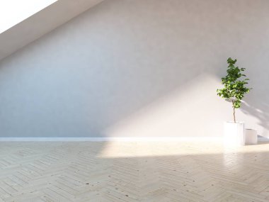 Ahşap zemin ve büyük duvar üzerinde vazolar ile boş İskandinav oda iç fikri. Arka plan iç. Ev nordik iç. 3d illüstrasyon