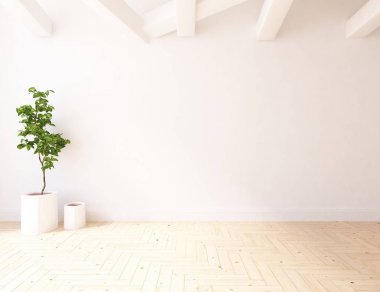 Ahşap zemin ve büyük duvar üzerinde vazolar ile boş İskandinav oda iç fikri. Arka plan iç. Ev nordik iç. 3d illüstrasyon