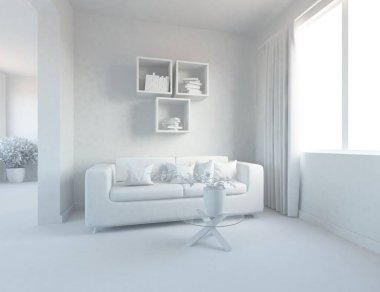 Ahşap zemin ve dekor, kanepe ile İskandinav oturma odası iç fikir. Ev Nordic iç. 3D çizim