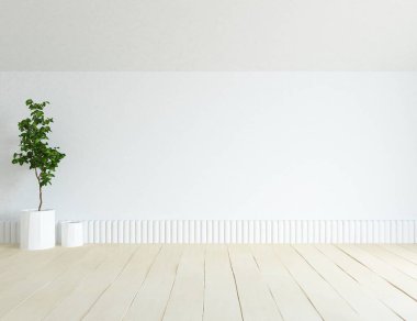 Ahşap zemin ve büyük duvar üzerinde vazolar ile boş İskandinav oda iç fikri. Arka plan iç. Ev nordik iç. 3d illüstrasyon