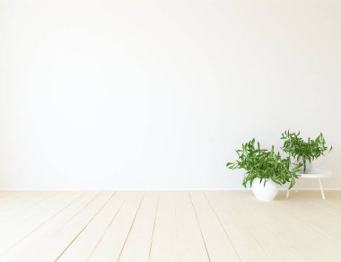 Ahşap zemin ve büyük duvar üzerinde vazolar ile boş İskandinav oda iç fikri. Arka plan iç. Ev nordik iç. 3d illüstrasyon