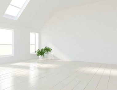 Ahşap zemin ve büyük duvar üzerinde vazolar ile boş İskandinav oda iç fikri. Arka plan iç. Ev nordik iç. 3d illüstrasyon