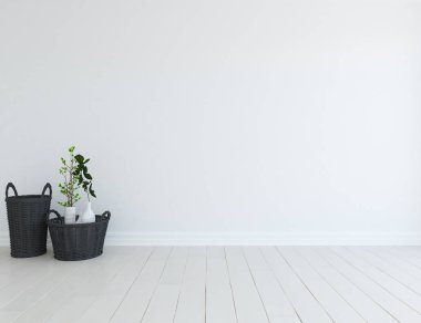 Ahşap zemin ve büyük duvar üzerinde vazolar ile boş İskandinav oda iç fikri. Arka plan iç. Ev nordik iç. 3d illüstrasyon