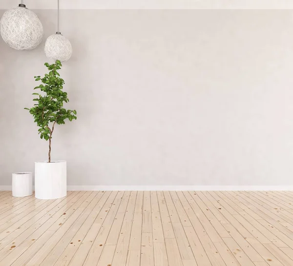 木製の床と大きな壁に花瓶と空のスカンジナビアの部屋のインテリアのアイデア 背景の内部 ホームノルディックインテリア 3Dイラスト — ストック写真