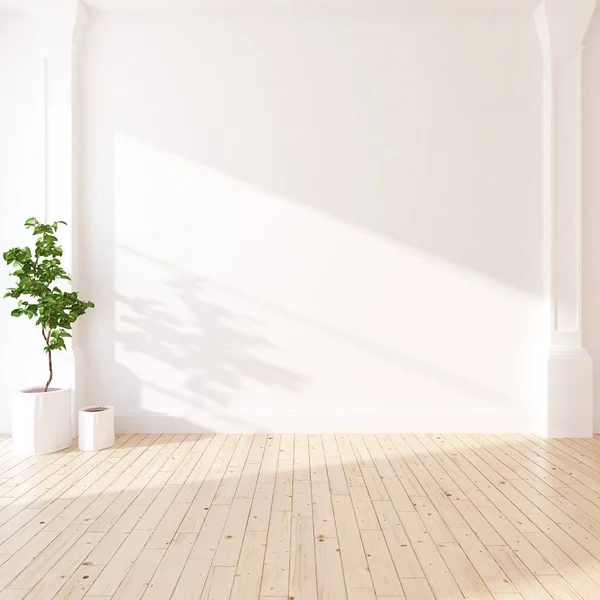 Idea Pustego Wnętrza Pokoju Skandynawskiego Wazami Drewnianej Podłodze Dużej Ścianie — Zdjęcie stockowe