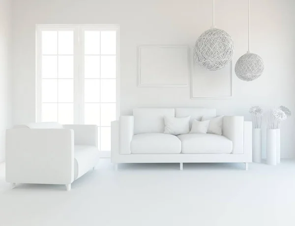 木製の床にソファ 花瓶と白いスカンジニアのリビングルームのインテリアのアイデア ホームノルディックインテリア 3Dイラスト — ストック写真