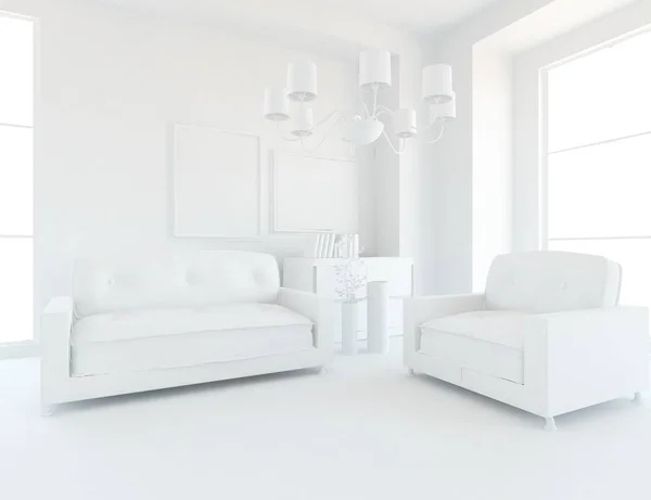 Idea Białego Skandynawavaian Wnętrze Salonu Sofą Wazony Drewnianej Podłodze Wnętrze — Zdjęcie stockowe