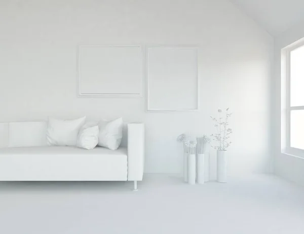 Idéia Interior Sala Estar Escandinavo Branco Com Sofá Vasos Chão — Fotografia de Stock
