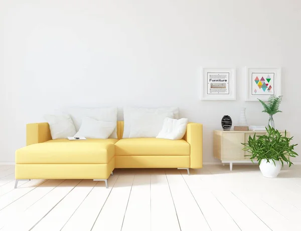 ソファ 木製の床と装飾でスカンジナビアリビングルームのインテリアのアイデア ホームノルディックインテリア イラストレーション — ストック写真