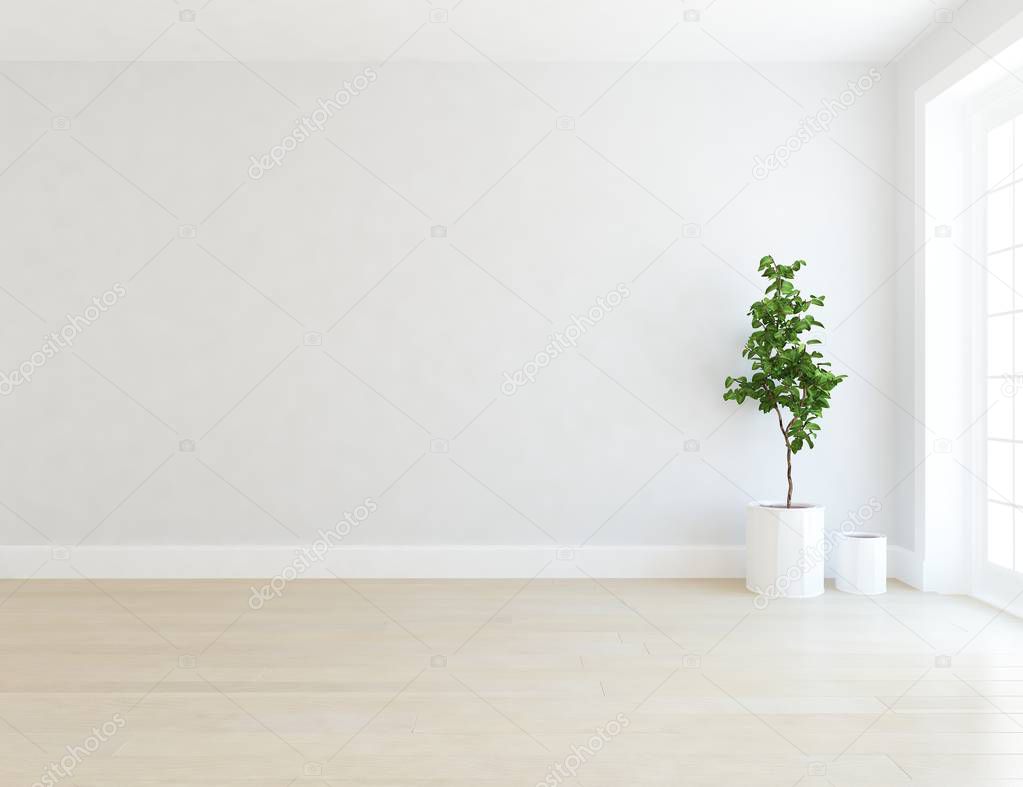 Idea of empty scandinavian room interior with vases on the wooden floor and large wall. Background interior. Home nordic interior. 3D illustration