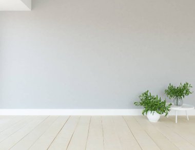 Ahşap zemin ve büyük duvar üzerinde vazolar ile boş İskandinav oda iç fikri. Arka plan iç. Ev nordik iç. 3d illüstrasyon