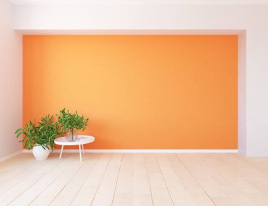 Ahşap zemin ve büyük duvar üzerinde vazolar ile boş İskandinav oda iç fikri. Arka plan iç. Ev nordik iç. 3d illüstrasyon