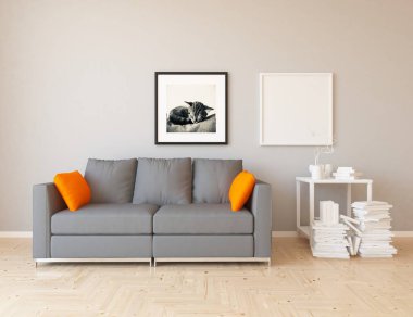 Ahşap zemin ve dekor, kanepe ile İskandinav oturma odası iç fikir. Ev Nordic iç. 3D çizim