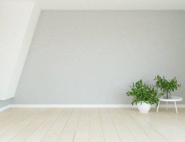 Ahşap zemin ve büyük duvar üzerinde vazolar ile boş İskandinav oda iç fikri. Arka plan iç. Ev nordik iç. 3d illüstrasyon