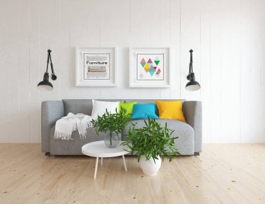 Ahşap zemin ve dekor, kanepe ile İskandinav oturma odası iç fikir. Ev Nordic iç. 3D çizim