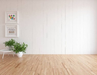 Ahşap zemin ve büyük duvar üzerinde vazolar ile boş İskandinav oda iç fikri. Arka plan iç. Ev nordik iç. 3d illüstrasyon