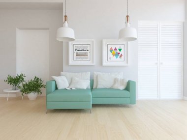 Ahşap zemin ve dekor, kanepe ile İskandinav oturma odası iç fikir. Ev Nordic iç. 3D çizim