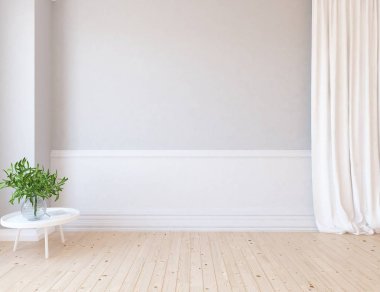 Ahşap zemin ve büyük duvar üzerinde vazolar ile boş İskandinav oda iç fikri. Arka plan iç. Ev nordik iç. 3d illüstrasyon