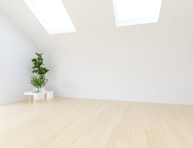 Ahşap zemin ve büyük duvar üzerinde vazolar ile boş İskandinav oda iç fikri. Arka plan iç. Ev nordik iç. 3d illüstrasyon