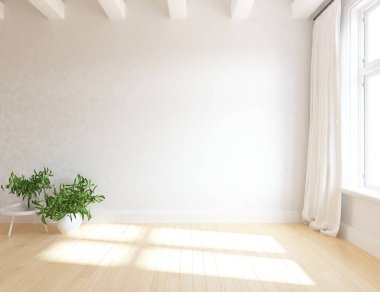 Ahşap zemin ve büyük duvar üzerinde vazolar ile boş İskandinav oda iç fikri. Arka plan iç. Ev nordik iç. 3d illüstrasyon