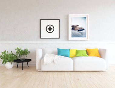 Ahşap zemin ve dekor, kanepe ile İskandinav oturma odası iç fikir. Ev Nordic iç. 3D çizim