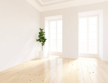 Ahşap zemin ve büyük duvar üzerinde vazolar ile boş İskandinav oda iç fikri. Arka plan iç. Ev nordik iç. 3d illüstrasyon