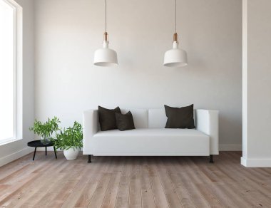 Ahşap zemin ve dekor, kanepe ile İskandinav oturma odası iç fikir. Ev Nordic iç. 3D çizim