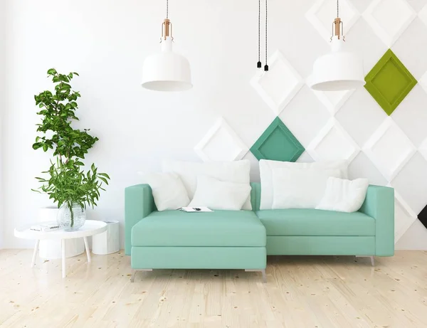 Idée Salon Scandinave Intérieur Avec Canapé Sur Sol Décoration Bois — Photo