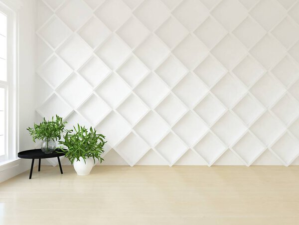 Idea of empty scandinavian room interior with vases on the wooden floor and large wall. Background interior. Home nordic interior. 3D illustration
