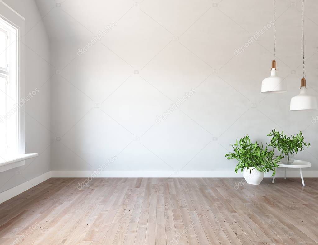 Idea of empty scandinavian room interior with vases on the wooden floor and large wall. Background interior. Home nordic interior. 3D illustration